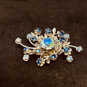 Silver Tone, Blue AB Rhinestones & Other Blue Rhinestones Floral Brooch (3811)